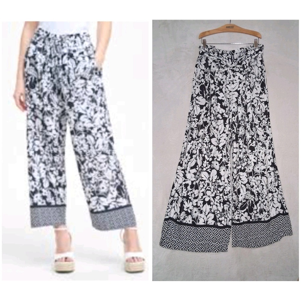 Tommy Hilfiger Womens Wide Leg Pull On Pants Size M Black White Floral Paperbag